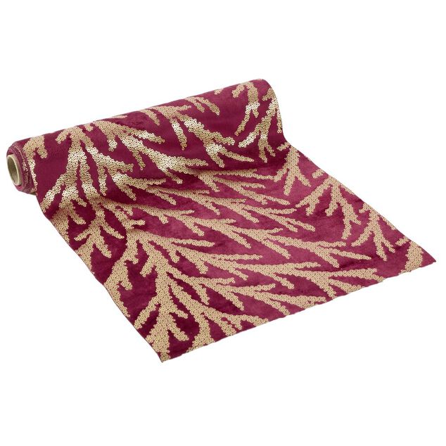 Chemin de table imitation velours imprim&eacute; branche L300X28 cm rouge et dor&eacute;