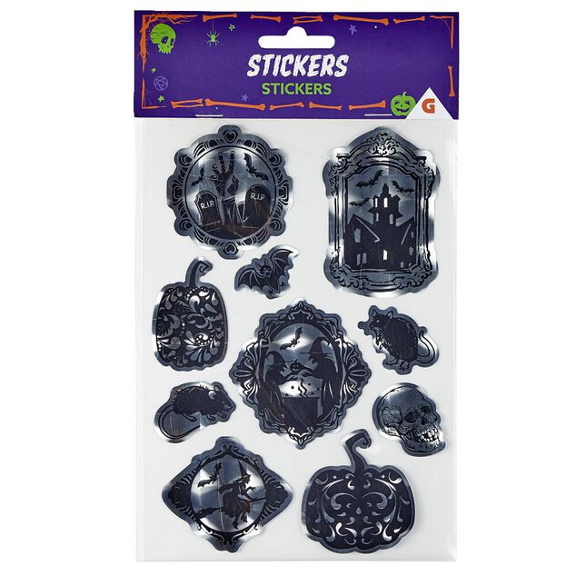 Stickers Halloween manoir animaux sorci&egrave;re gris et noir