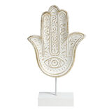 Main de Fatma grav&eacute;e &agrave; poser en bois et m&eacute;tal blanc 16xH28,5cm