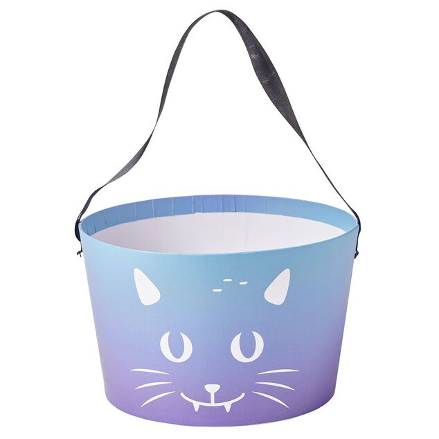 Seau &agrave; bonbons Halloween t&ecirc;te de chat bleu et violet &Oslash;19xH12cm