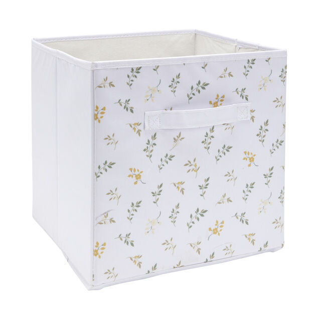 Pani&egrave;re de rangement Box Cube cartonn&eacute;e blanc motif feuillage 31x31xH29cm