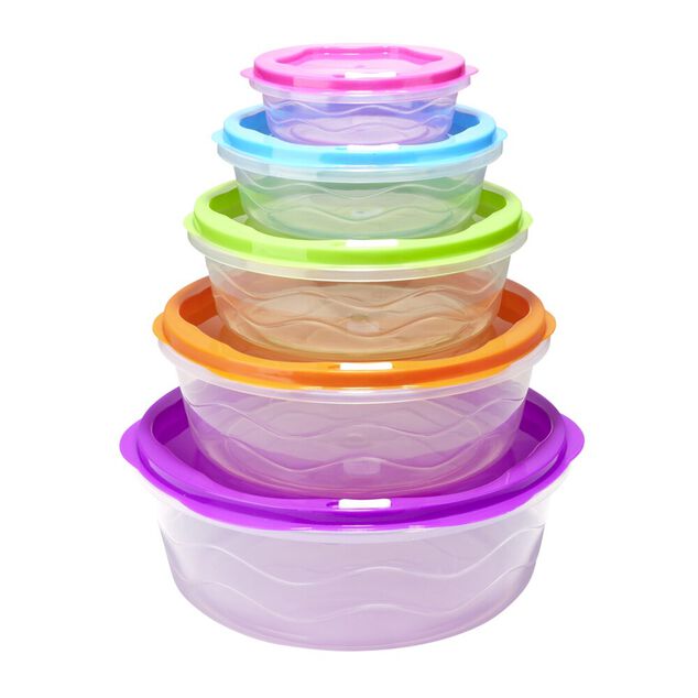 Bo&icirc;te alimentaire x5 embo&icirc;table plastique couvercle multicolore &Oslash;25xH9,5cm