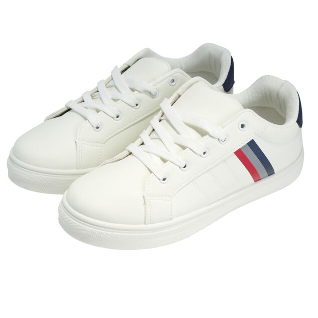 Baskets unisexe simili blanc rayures rouges et bleues T44