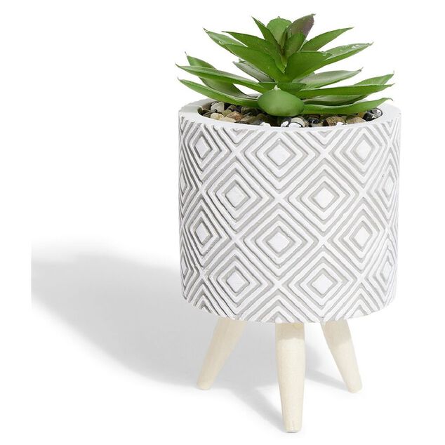 Plante artificielle pot ciment trépied bois Ø7,5xH13cm (2 modèles)