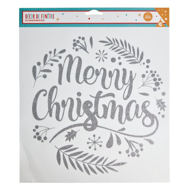 D&eacute;coration fen&ecirc;tre No&euml;l &eacute;lectrostatique Merry Christmas argent&eacute;