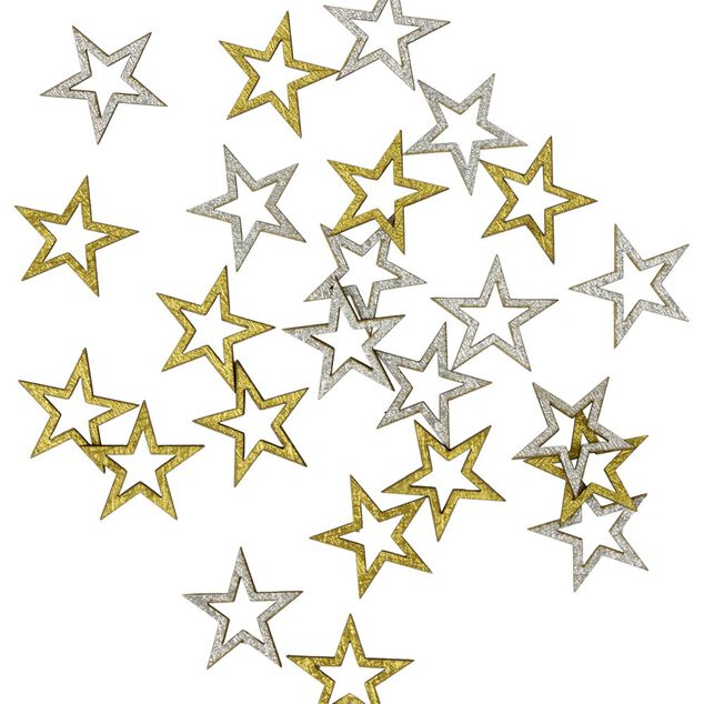 D&eacute;coration de table &eacute;toiles X24 pcs bois L1,5X2X&eacute;p.0,1 cm dor&eacute; et argent&eacute;