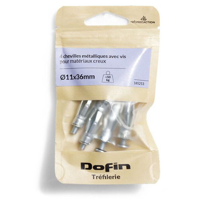 4 chevilles métalliques pour matériaux creux avec vis - Ø11x36 mm
