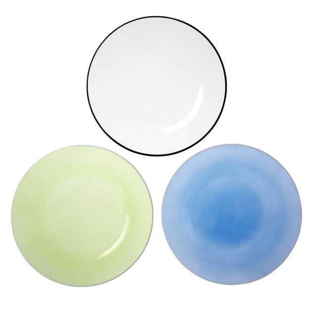 Assiette plate ronde liser&eacute; blanc verre transparent bleu &Oslash;26cm
