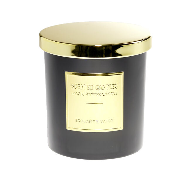 Bougie avec couvercle pot m&eacute;tallis&eacute; noir et dor&eacute; senteur oud &Oslash;25H