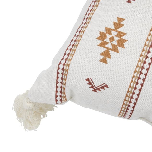 Coussin carr&eacute; Indie blanc motif orange avec pompons 40x40cm