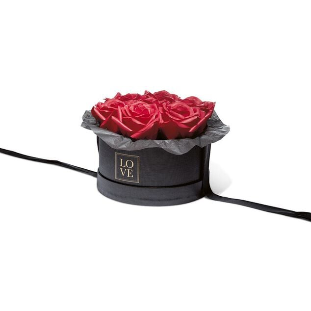 Bo&icirc;te ronde d&eacute;co roses artificielles &oslash;16xH10.5 cm