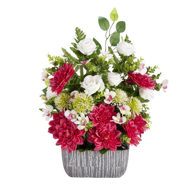 Composition florale artificielle multifleur rouge vase ciment L50xH60cm