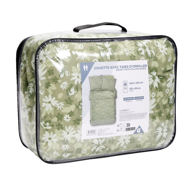Couette 2 personnes 240x220cm avec 2 taies d'oreiller polyester motif floral vert