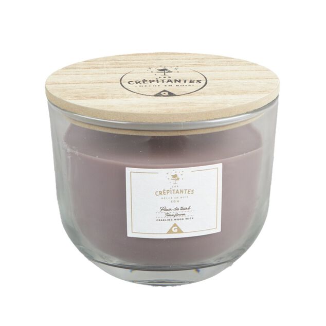 Bougie crépitante dans verre couvercle et mèche bois senteur fleur de tiaré 50H