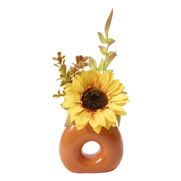 Plante artificielle automne dans pot c&eacute;ramique forme donut &Oslash;14xH28cm (2 mod&egrave;les)