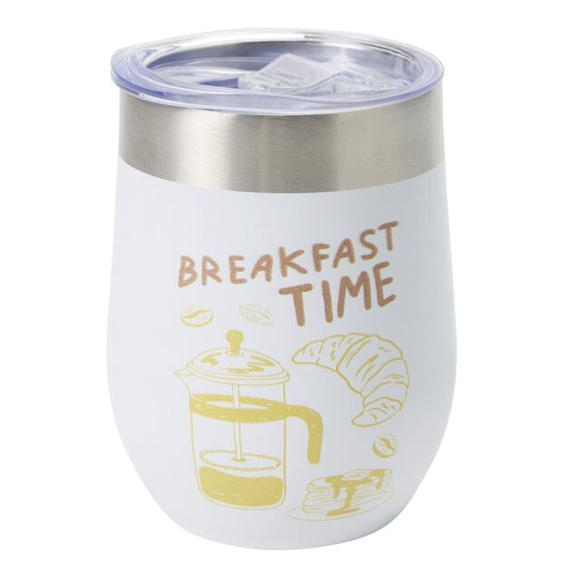 Mug de transport inox petit d&eacute;jeuner &Oslash;8xH12cm (2 mod&egrave;les imprim&eacute; blanc ou jaune)
