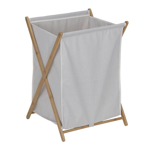 Pani&egrave;re &agrave; linge 70L pliante bambou et tissu beige 45x38,5xH64cm