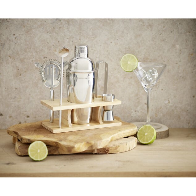 Set &agrave; cocktail acier avec support bois 6 pi&egrave;ces