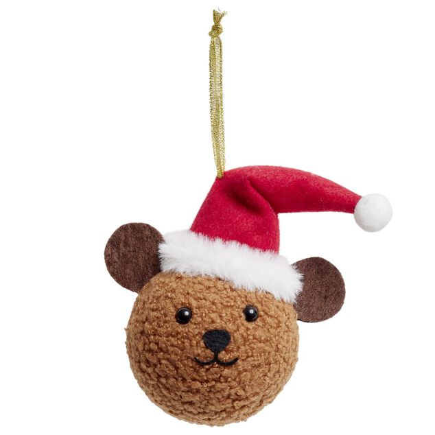 Boule de No&euml;l forme t&ecirc;te ourson en peluche marron 11x8xH12cm