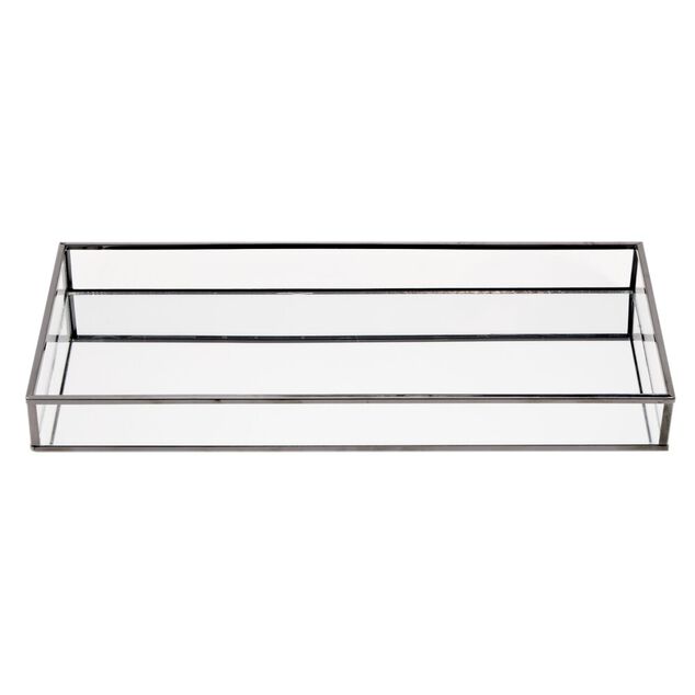 Plateau d&eacute;co rectangulaire verre et contours fer L16X34XH4 cm (2 mod&egrave;les dor&eacute; ou argent&eacute;)