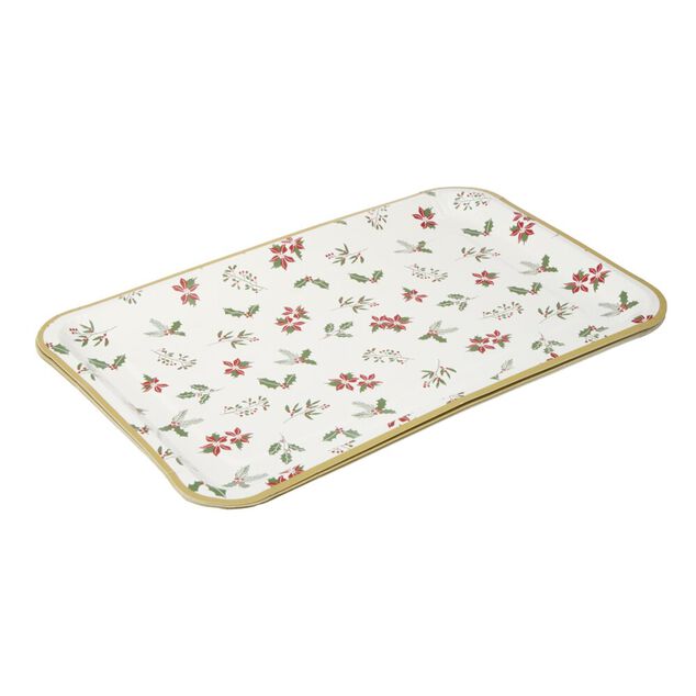 Plateau rectangulaire X8 pcs imprim&eacute; houx L30X19XH1,5 cm blanc