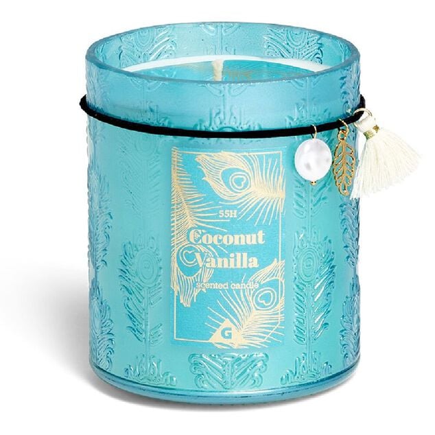 Bougie charm pampille Coconut Vanilla dans verre bleu 55H