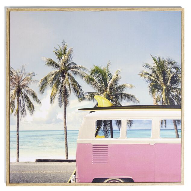 Cadre d&eacute;co en bois photo van plage 30x30cm