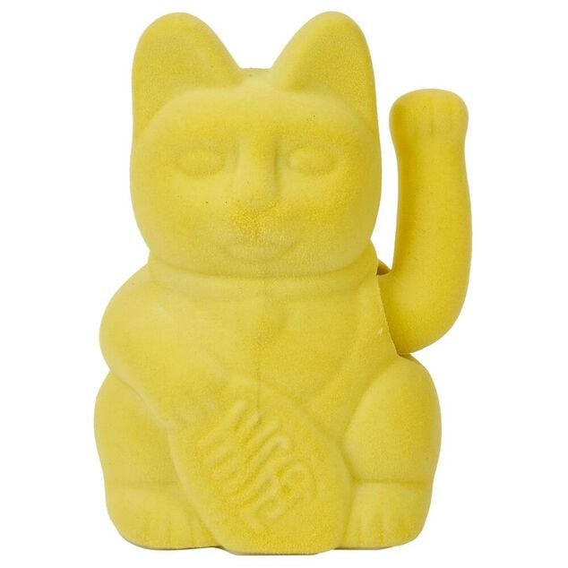 Chat porte-bonheur velours jaune 11xH15x9cm
