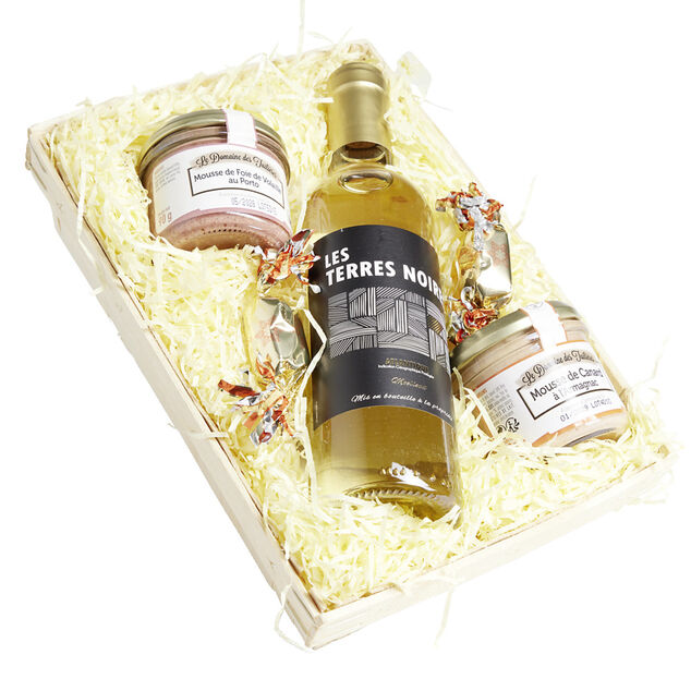 Panier gourmand 1 bouteille vin blanc/2 p&acirc;t&eacute;s/2 papillotes chocolat