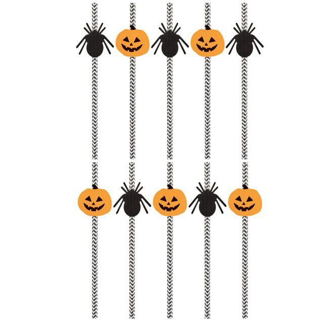 Paille papier Halloween x10 motif arraignée et citrouille noir blanc orange L19cm