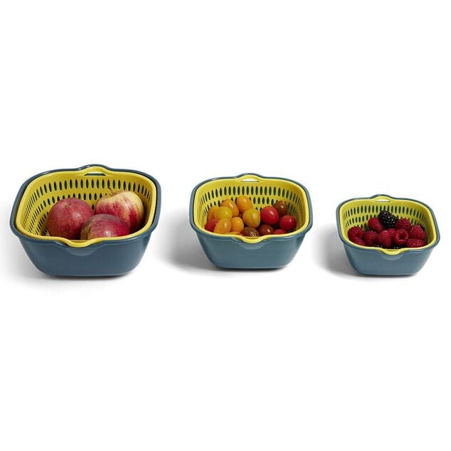 Lot de 3 passoires cuvettes carr&eacute;es bleues et jaunes