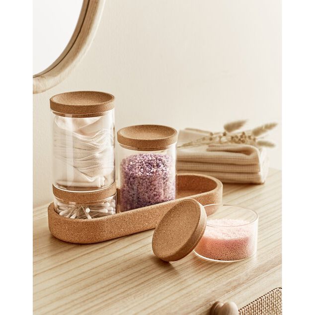 Ensemble bocal en verre x4 avec support en liège 26x10xH8cm