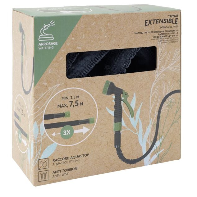 Tuyau d'arrosage extensible avec pistolet vert 2,5&agrave;7,5M