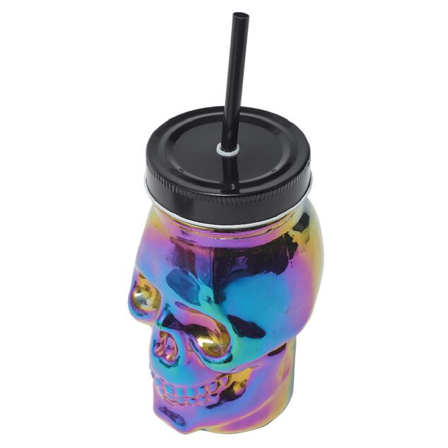 Gobelet verre forme t&ecirc;te de mort couvercle et paille 500 ml