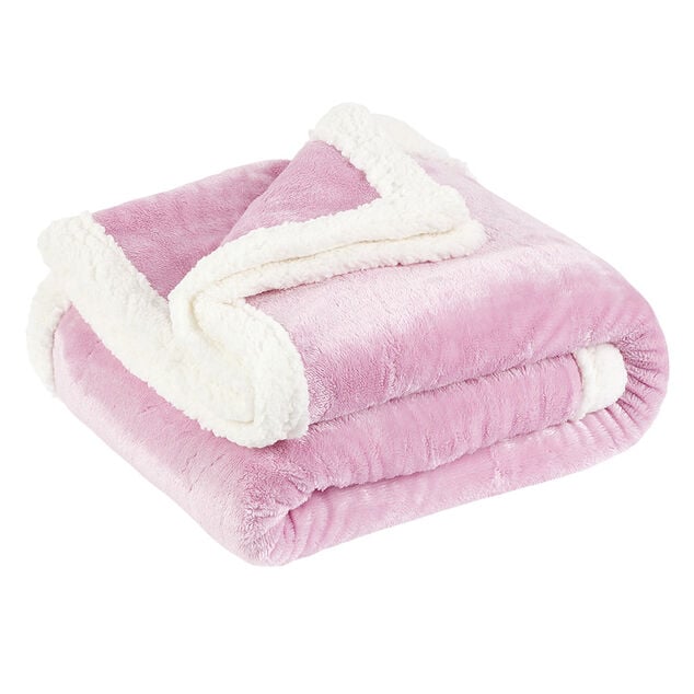 Plaid polaire r&eacute;versible imitation fourrure rose et blanc