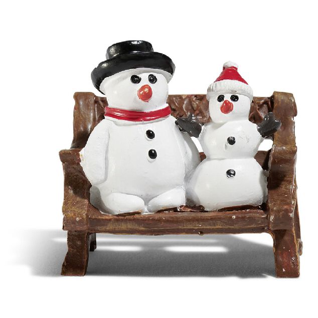 Sujet village de No&euml;l bonhomme de neige sur banc