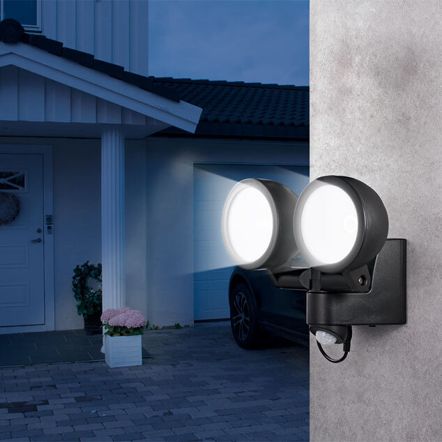 Projecteur LED solaire d&eacute;tecteur de mouvement 2 spots ronds