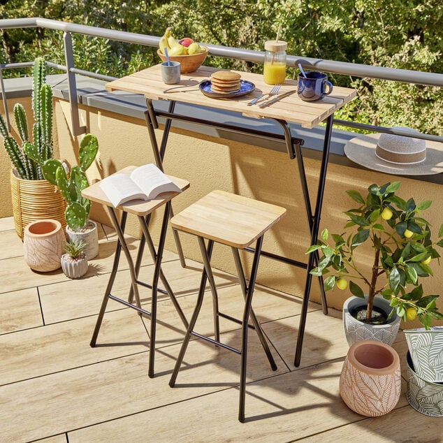 Table haute avec tabourets x2 Balcony pliables bois et m&eacute;tal 80x40xH98cm