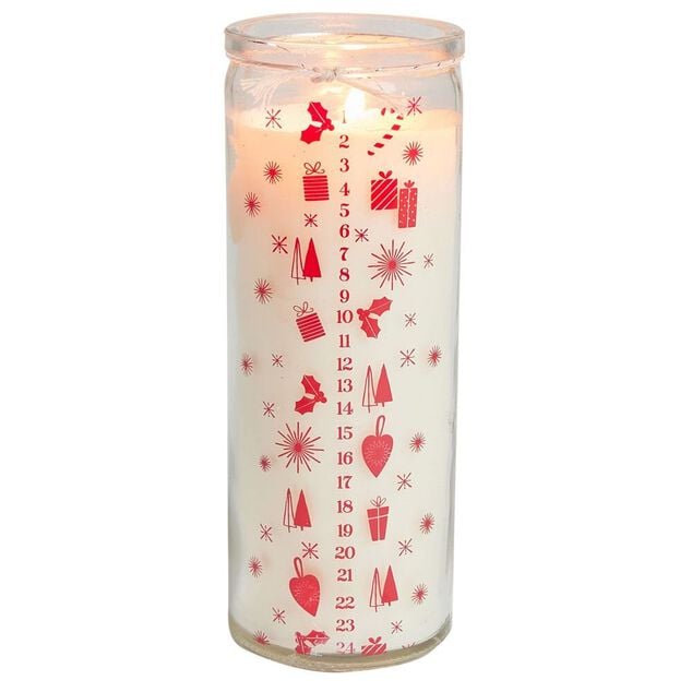 Bougie de No&euml;l calendrier de l'avent dans verre senteur pomme cannelle 60H - &Oslash;6xH17,5cm