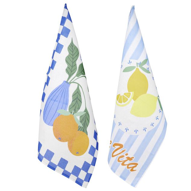 Torchon x2 coton Dolce Vita motif citrons et oranges 45x65cm