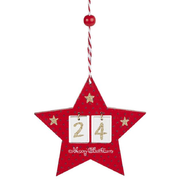 D&eacute;co &eacute;toile ou sapin rouge en bois &agrave; suspendre avec nombre 24 - 11x11cm