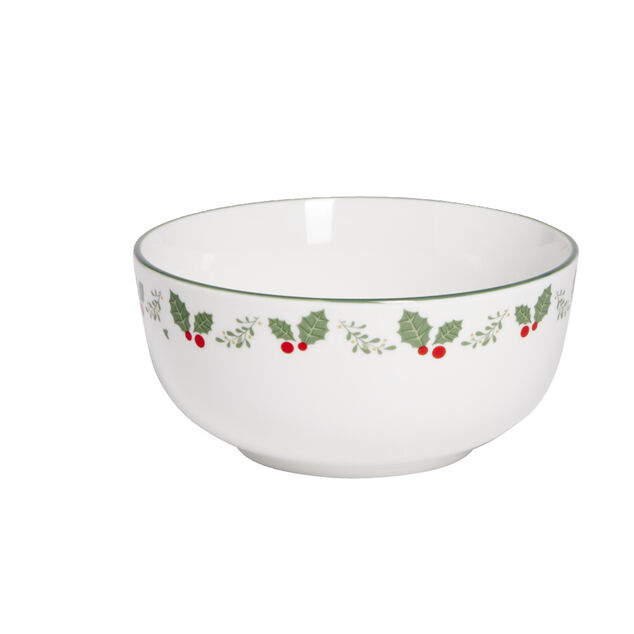 Bol en porcelaine blanc bord vert avec motif feuillage houx Ø13xH6,5cm