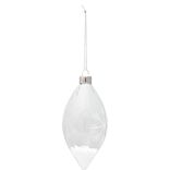 Boule de Noël en verre transparent forme goutte motif flocon blanc