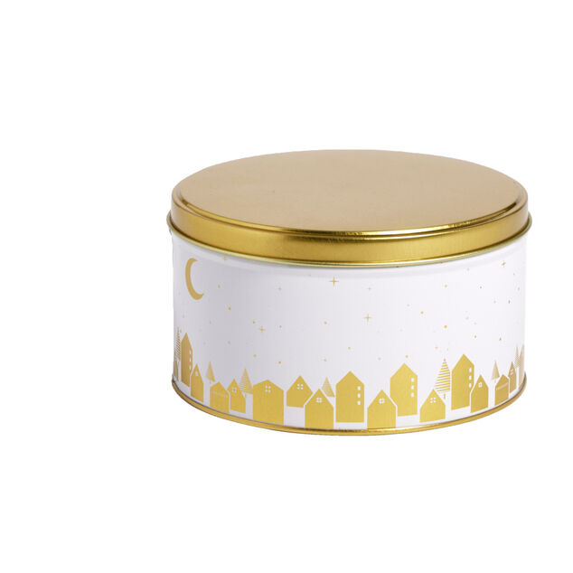 Bo&icirc;te ronde en m&eacute;tal blanc et dor&eacute; &Oslash;13,5xH7cm