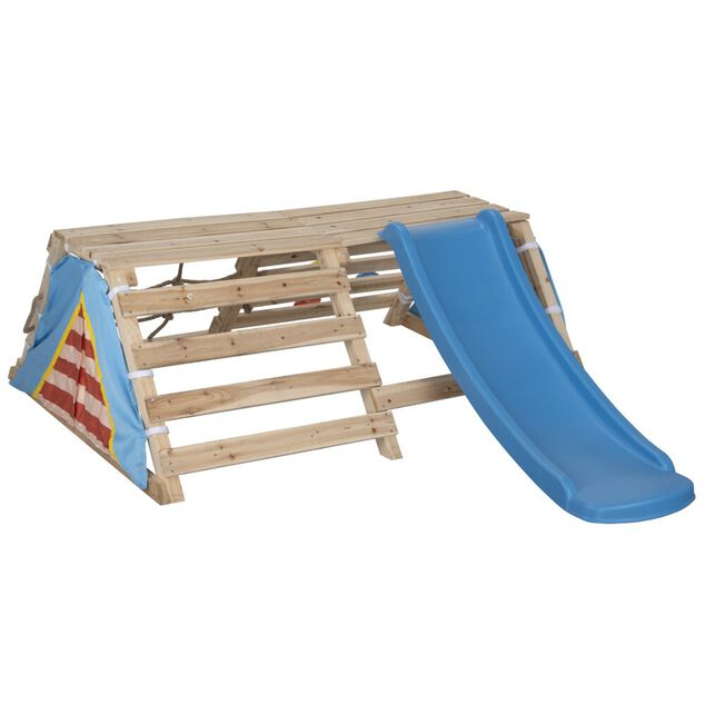 Structure enfant bois toboggan tipi escalade filet et cale-pieds 180x145,5xH60cm