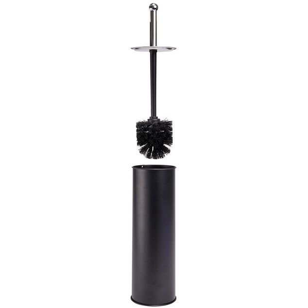 Brosse WC socle haut rond m&eacute;tal noir &Oslash;9,5xH38cm