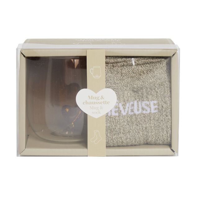 Coffret mug chaussettes R&ecirc;veuse beige