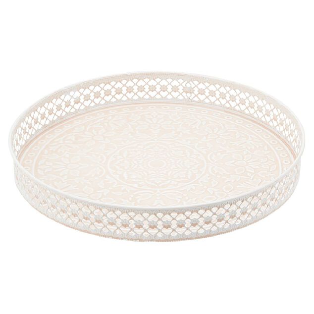 Plateau rond m&eacute;tal motif mandala rose gris ou vert