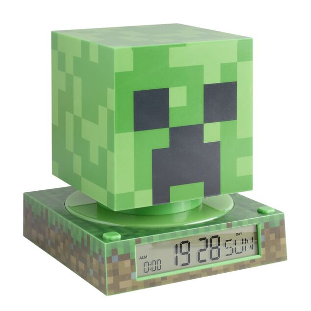 Lampe 3D r&eacute;veil Minecraft avec affichage date Creeper vert 13x13xH15cm