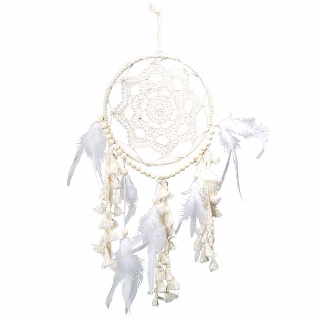 Attrape r&ecirc;ves macram&eacute; perle plume beige et blanc